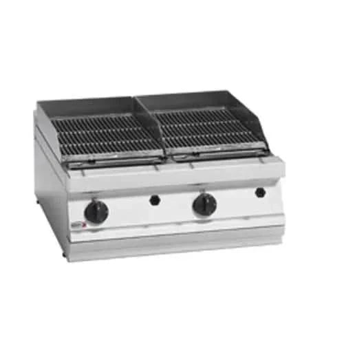 Fagor 700 series LPG charcoal grill with two cooking grids, black metal construction, and handles for outdoor grilling.