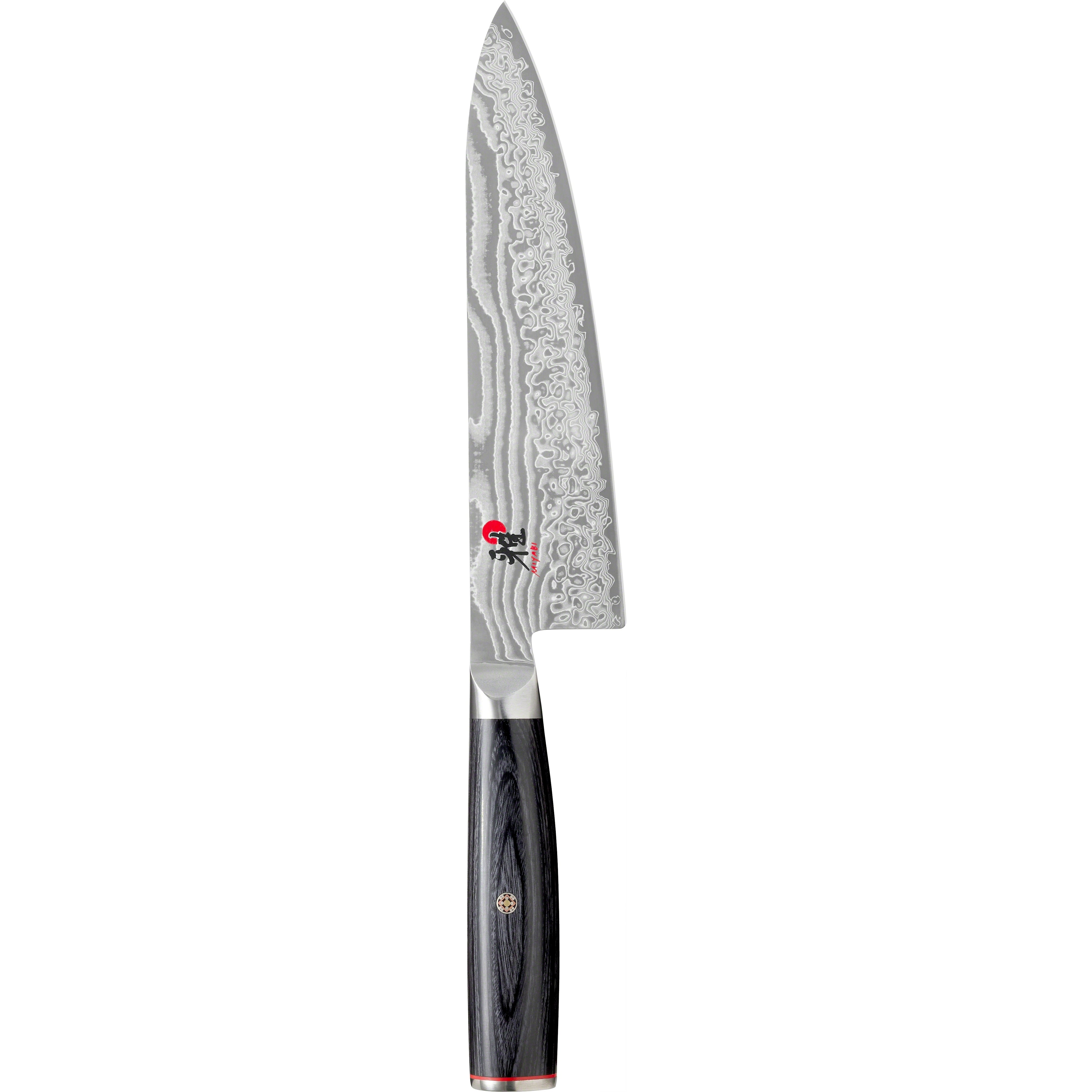 Miyabi 5000FCD Gyutoh chef's knife, 20cm blade, with sharp stainless steel edge and traditional Japanese-style handle.