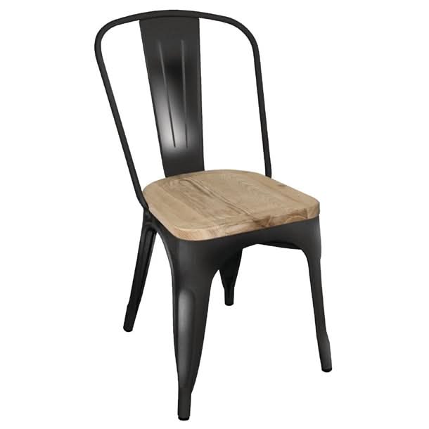 Bolero black steel dining sidechair with wooden seat pad, commercial hospitality seating.