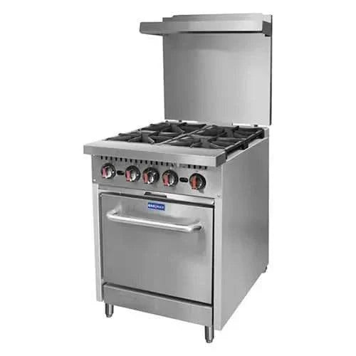 Gasmax four burner gas range with oven and flame failure protection.