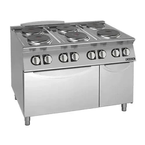 Giorik 700 Series electric stove range with oven, 6 round hot plates, 2.8kW oven, and storage compartment in a commercial kitchen setting.