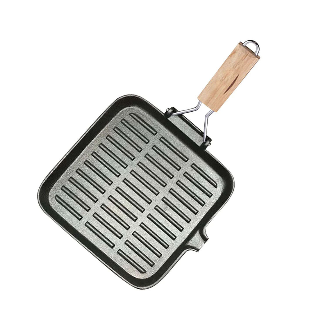 SOGA 24cm Ribbed Cast Iron Square Steak Frying Grill Skillet Pan with Folding Wooden Handle - Hospitality Connect