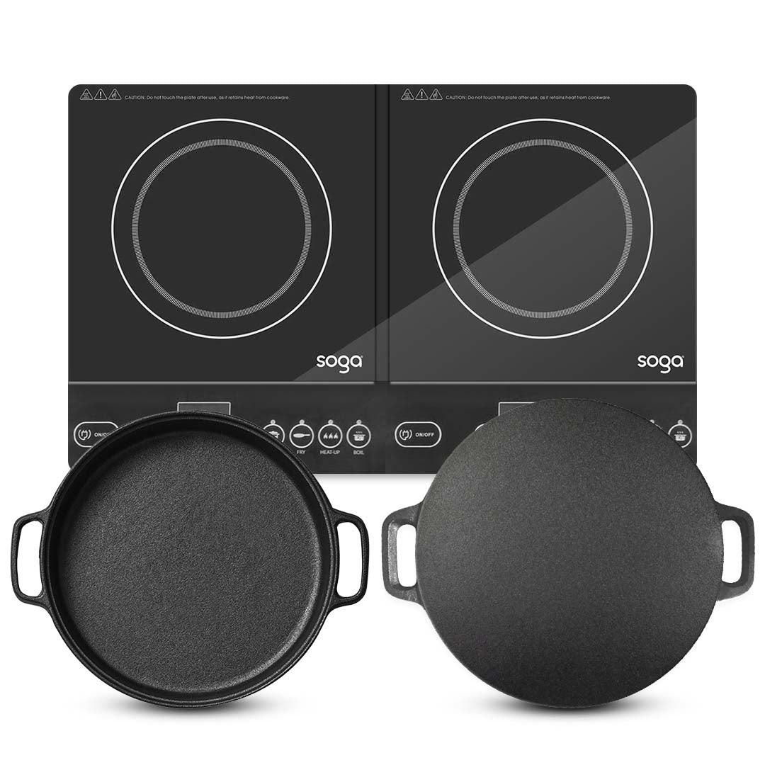 SOGA Dual Burners Cooktop Stove 30cm Cast Iron Skillet and 34cm Induction Crepe Pan Cookware - Hospitality Connect