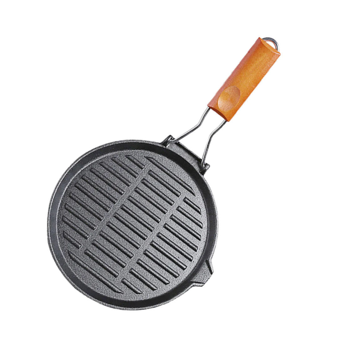 SOGA 24cm Round Ribbed Cast Iron Steak Frying Grill Skillet Pan with Folding Wooden Handle - Hospitality Connect