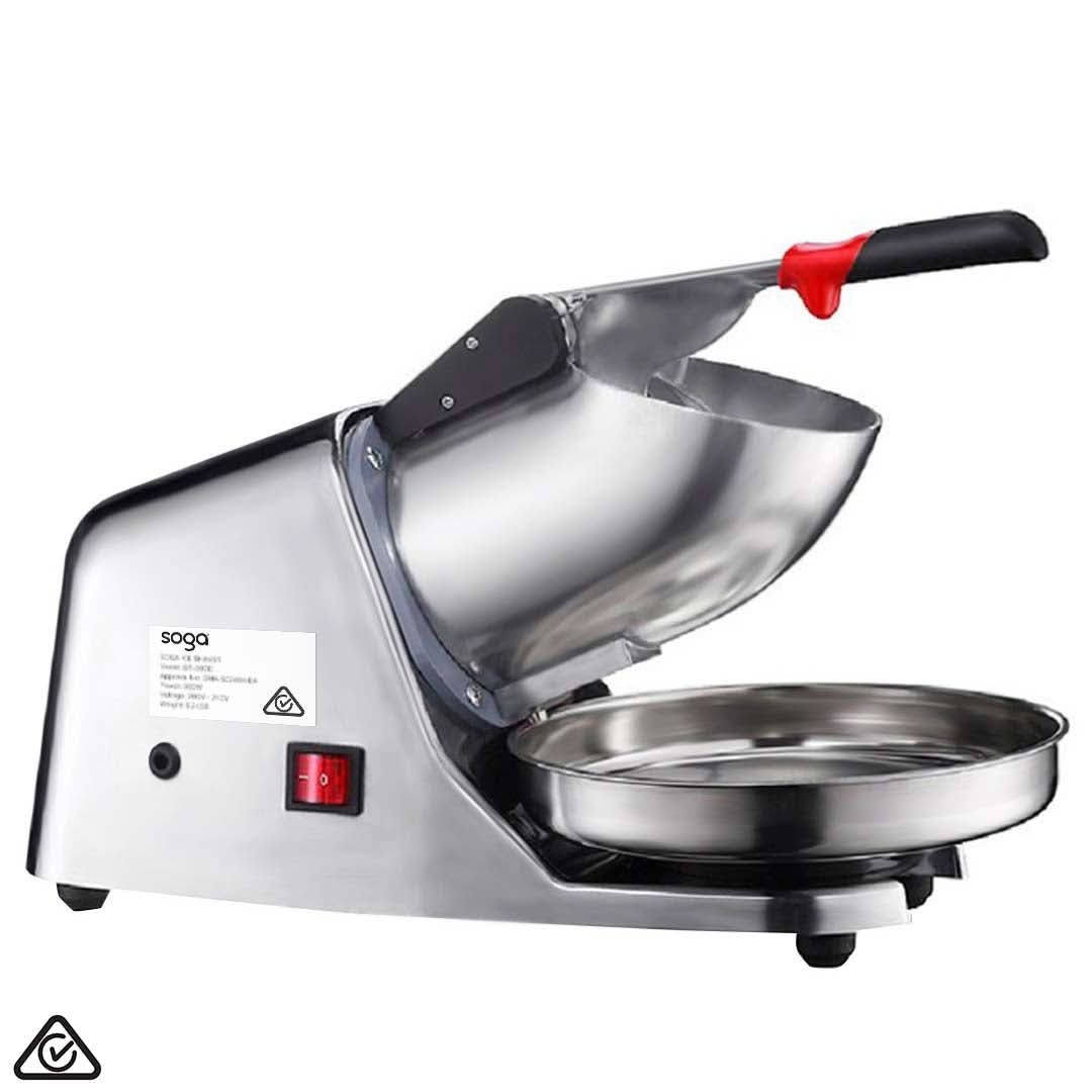 Soga Ice Shaver and Crusher machine with 300W motor for shaved ice and snow cones, showing the electric ice shaver in action.