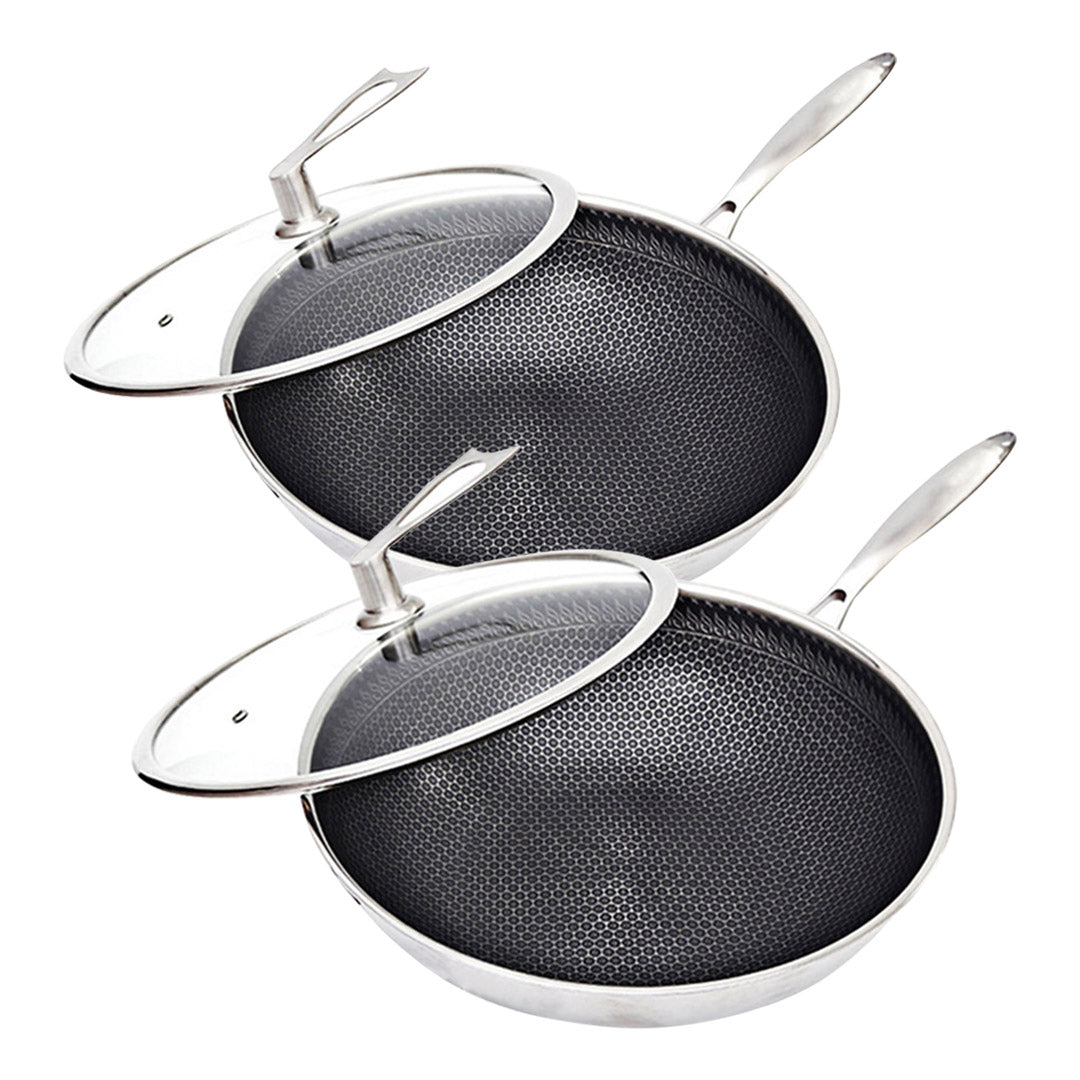 SOGA 2X 32cm Stainless Steel Tri-Ply Frying Cooking Fry Pan Textured Non Stick Interior Skillet with Glass Lid - Hospitality Connect