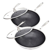 SOGA 2X 32cm Stainless Steel Tri-Ply Frying Cooking Fry Pan Textured Non Stick Interior Skillet with Glass Lid - Hospitality Connect