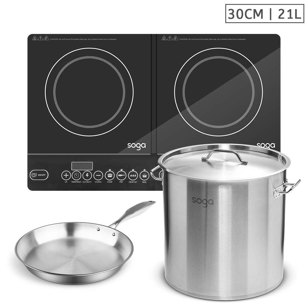 SOGA Dual Burners Cooktop Stove, 21L Stainless Steel Stockpot 30cm and 30cm Induction Fry Pan - Hospitality Connect