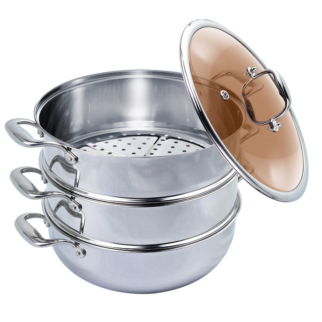 SOGA 3 Tier 30cm Heavy Duty Stainless Steel Food Steamer Vegetable Pot Stackable Pan Insert with Glass Lid - Hospitality Connect