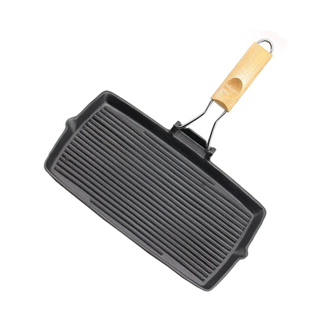 SOGA 20.5cm Rectangular Cast Iron Griddle Grill Frying Pan with Folding Wooden Handle - Hospitality Connect
