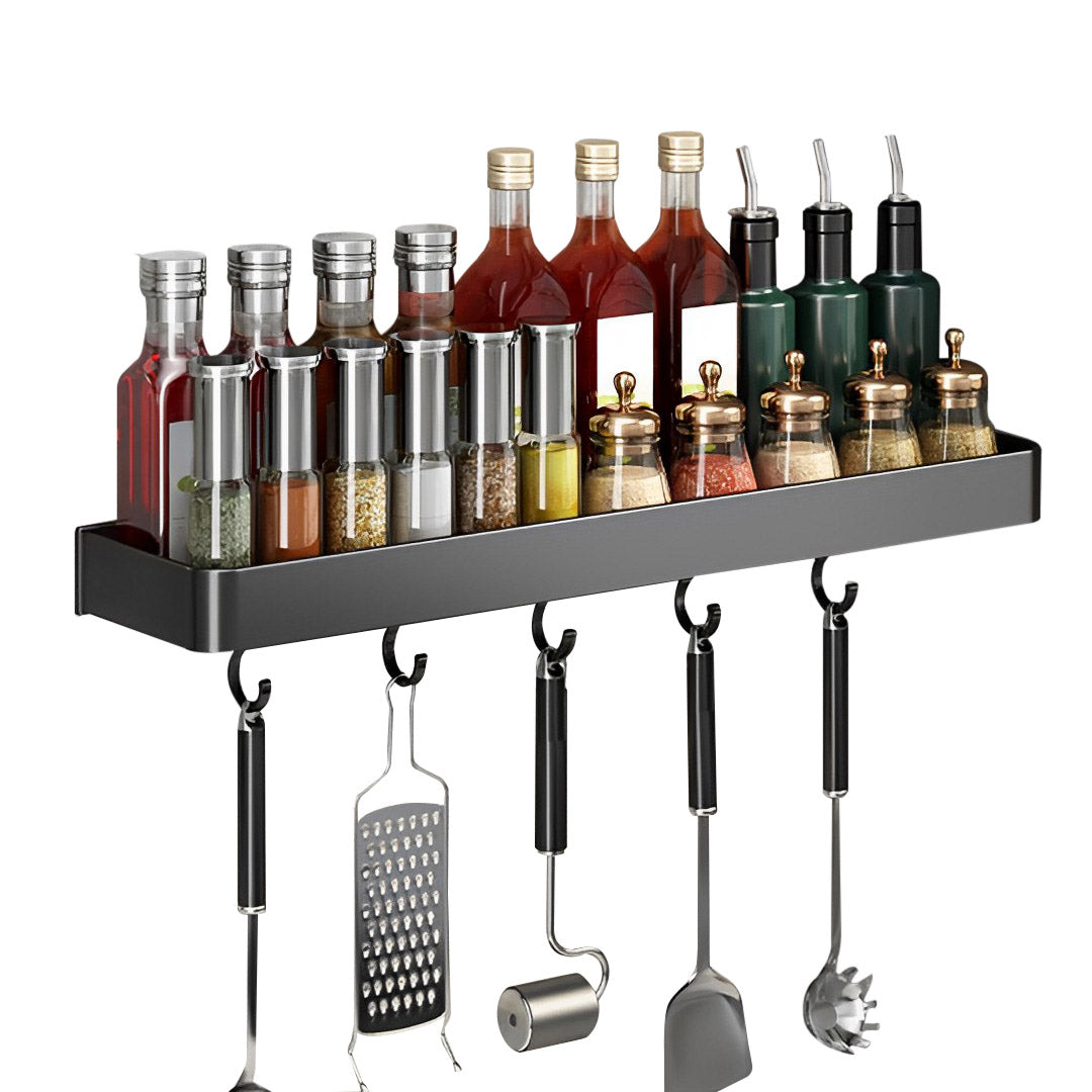 SOGA 42cm Black Wall-Mounted Rectangular Kitchen Spice Storage Organiser Space Saving Condiments Shelf Rack with Hooks - Hospitality Connect