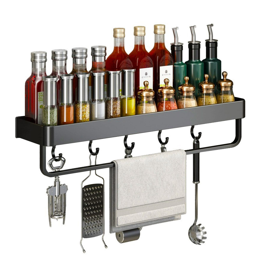 SOGA 52cm Black Wall-Mounted Rectangular Kitchen Spice Storage Organiser Space Saving Condiments Shelf Rack with Hooks - Hospitality Connect