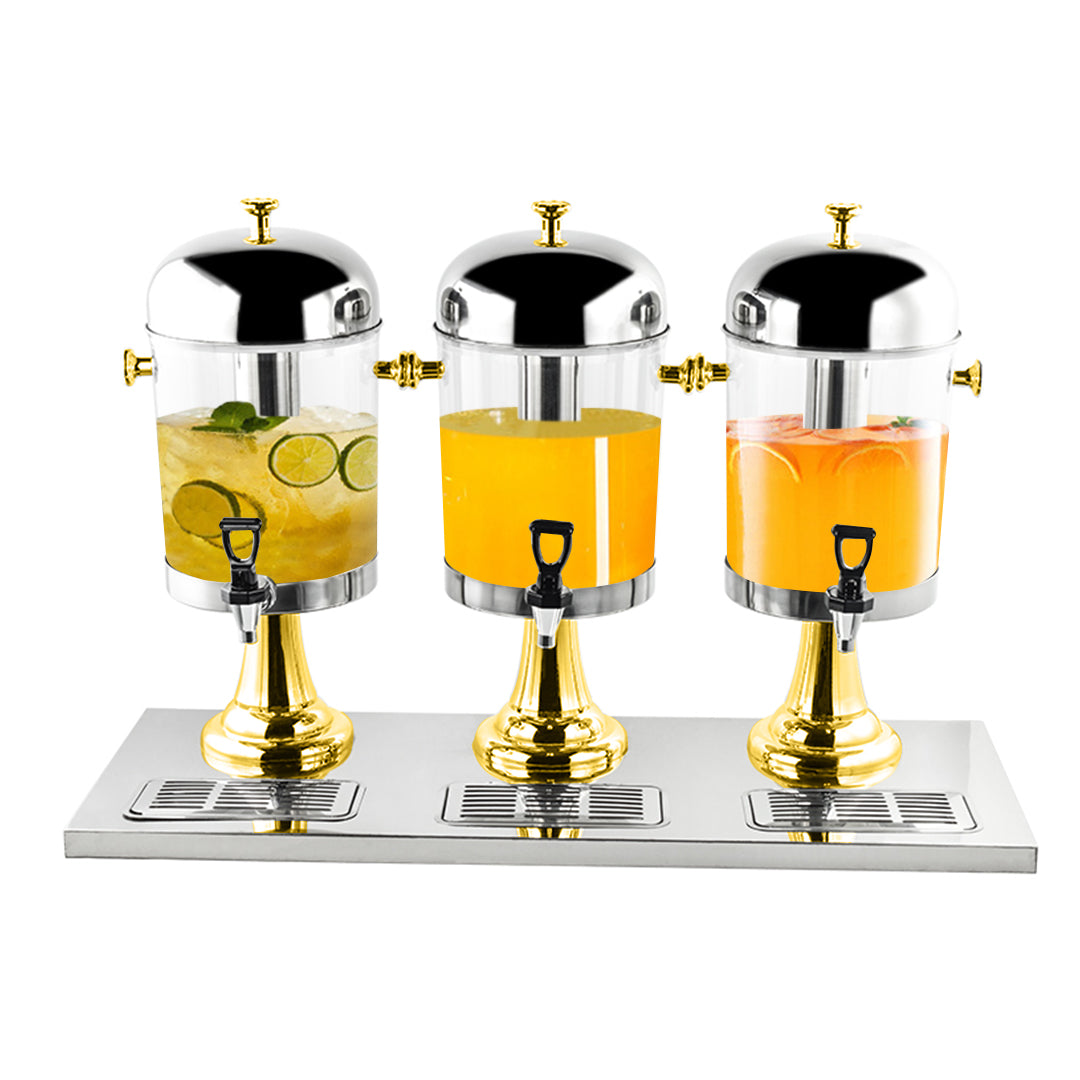 SOGA Triple Head 24L Stainless Steel Dispenser Beverage Juicer Transparent Commercial Drink Container Jug with Gold Accents - Hospitality Connect