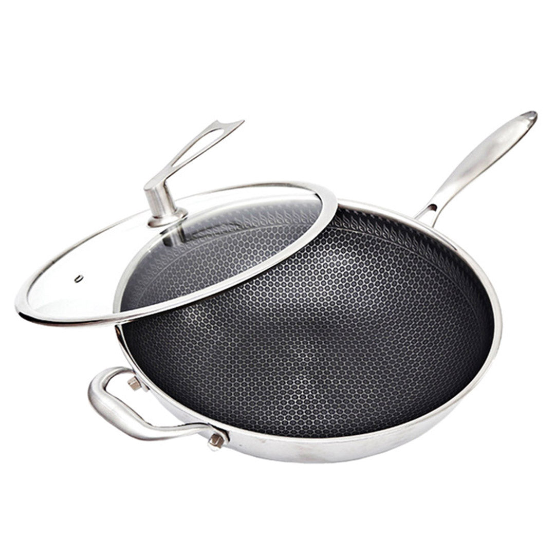 SOGA 34cm Stainless Steel Tri-Ply Frying Cooking Fry Pan Textured Non Stick Skillet with Glass Lid and Helper Handle - Hospitality Connect