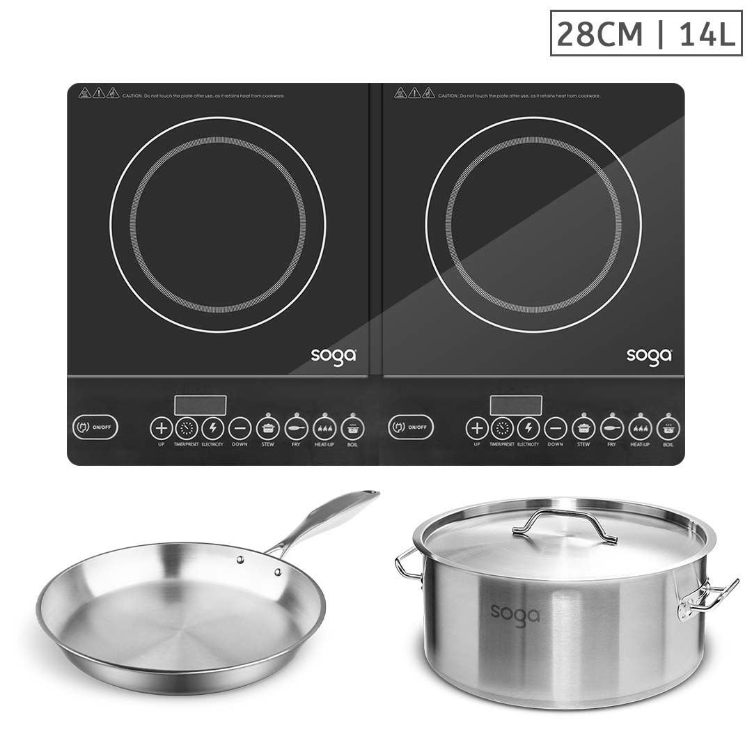 SOGA Dual Burners Cooktop Stove, 14L Stainless Steel Stockpot and 28cm Induction Fry Pan - Hospitality Connect