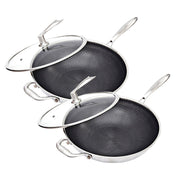 SOGA 2X 34cm Stainless Steel Tri-Ply Frying Cooking Fry Pan Textured Non Stick Skillet with Glass Lid and Helper Handle - Hospitality Connect