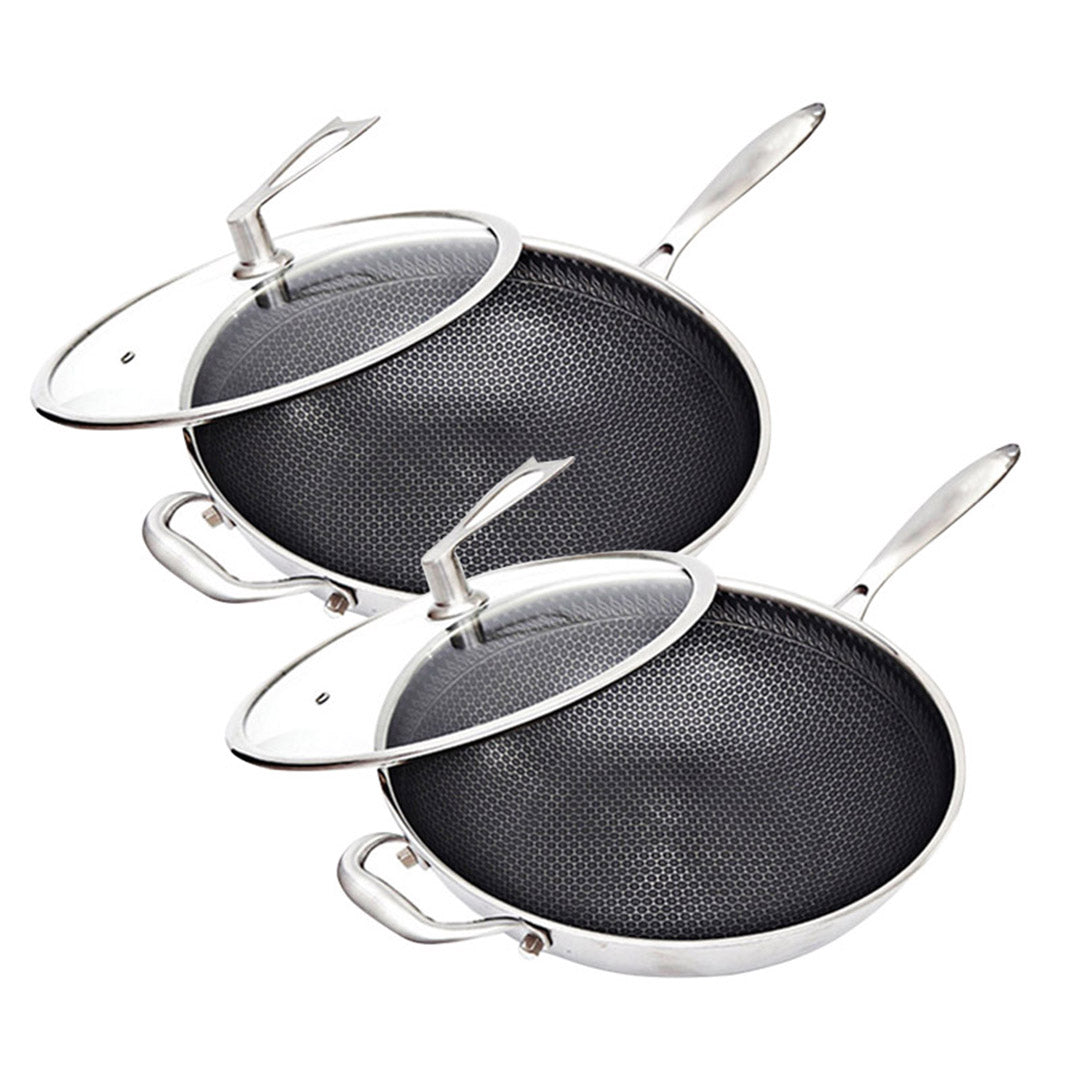 SOGA 2X 34cm Stainless Steel Tri-Ply Frying Cooking Fry Pan Textured Non Stick Skillet with Glass Lid and Helper Handle - Hospitality Connect