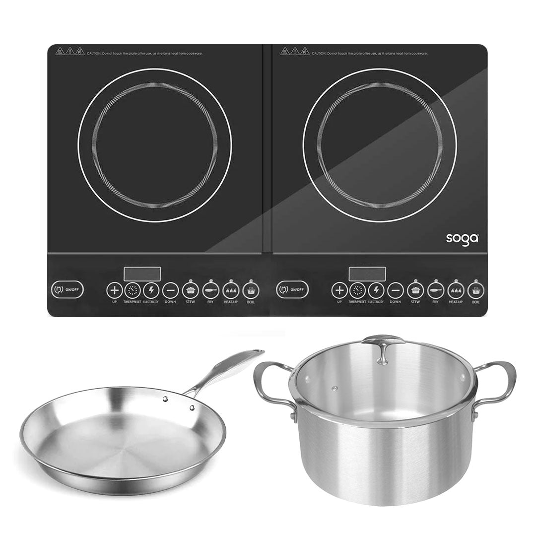 SOGA Dual Burners Cooktop Stove 30cm Stainless Steel Induction Casserole and 30cm Fry Pan - Hospitality Connect