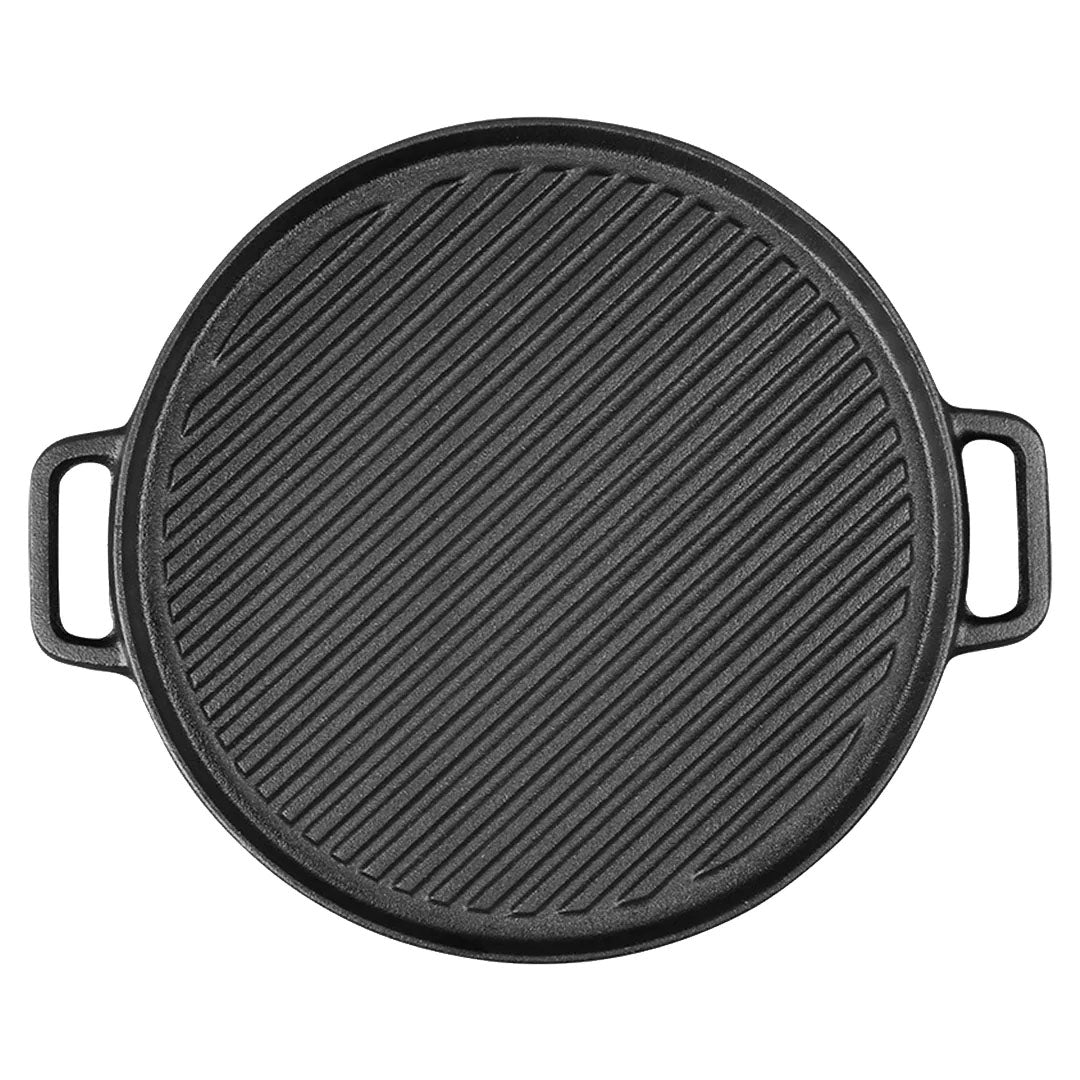 SOGA 30cm Round Cast Iron Ribbed BBQ Pan Skillet Steak Sizzle Platter with Handle - Hospitality Connect