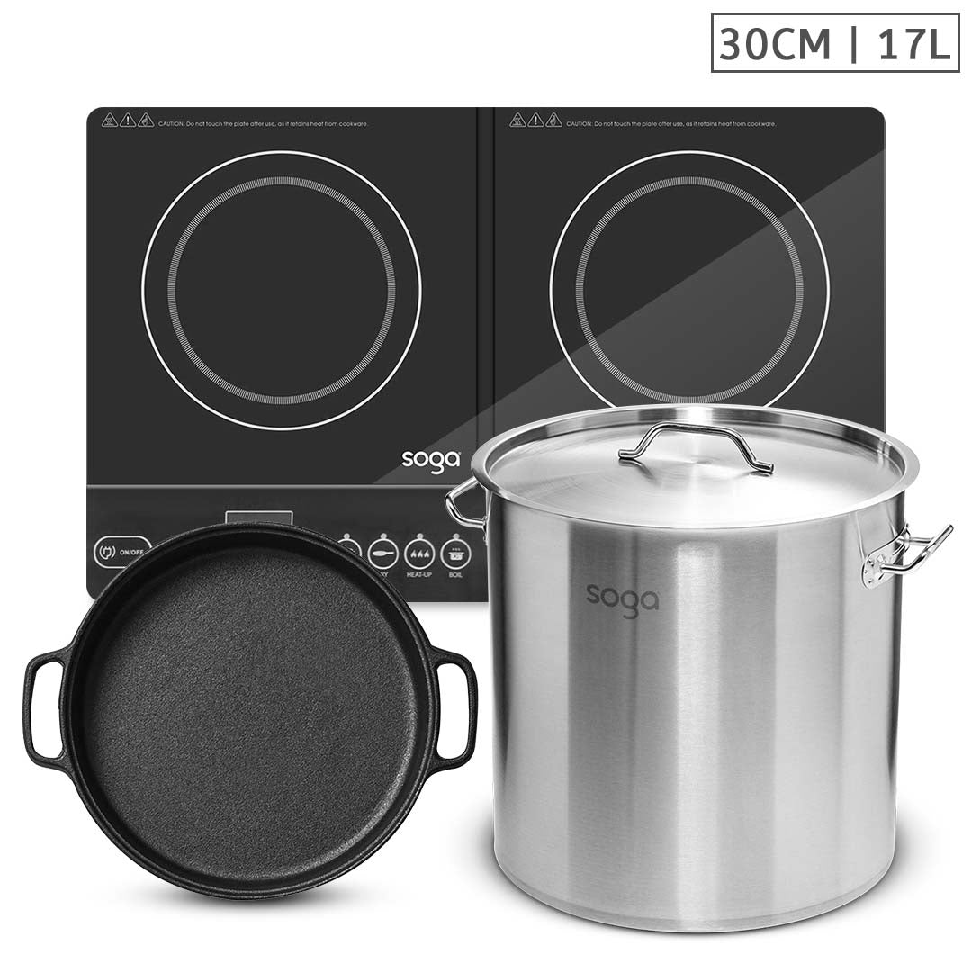 SOGA Dual Burners Cooktop Stove, 30cm Cast Iron Skillet and 17L Stainless Steel Stockpot 28cm - Hospitality Connect