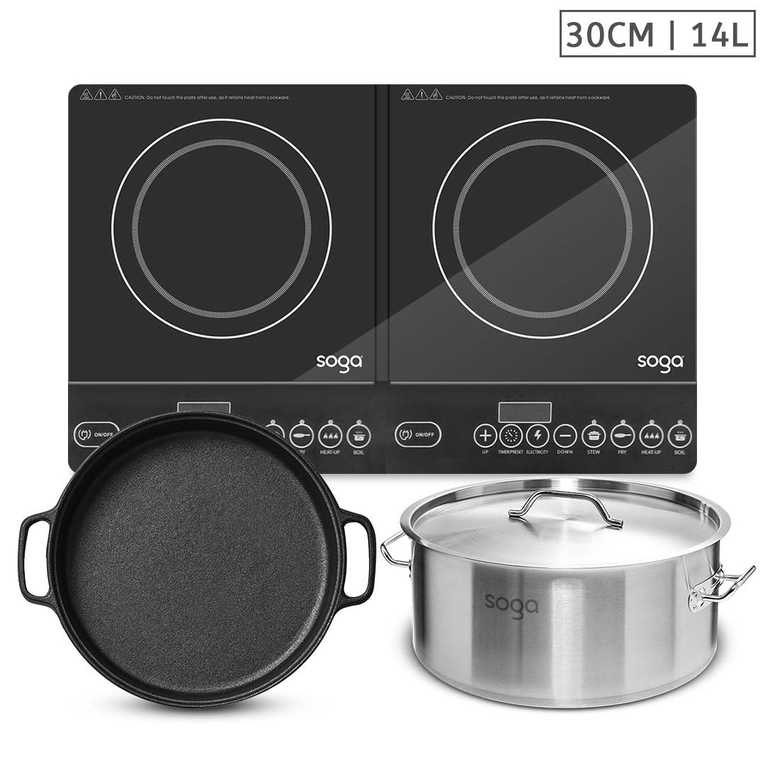 SOGA Dual Burners Cooktop Stove, 30cm Cast Iron Skillet and 14L Stainless Steel Stockpot - Hospitality Connect