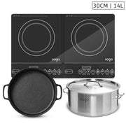 SOGA Dual Burners Cooktop Stove, 30cm Cast Iron Skillet and 14L Stainless Steel Stockpot - Hospitality Connect