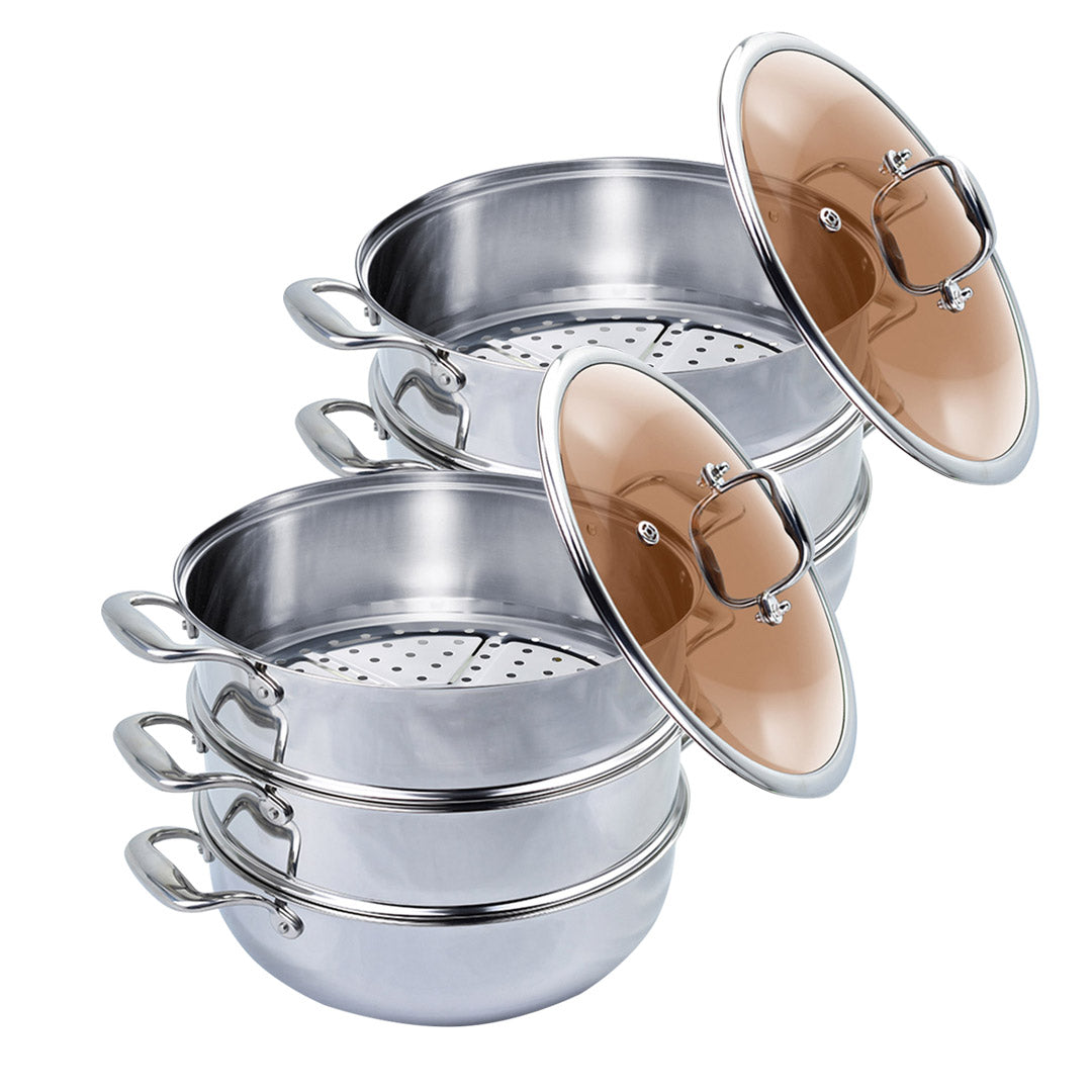SOGA 2X 3 Tier 28cm Heavy Duty Stainless Steel Food Steamer Vegetable Pot Stackable Pan Insert with Glass Lid - Hospitality Connect