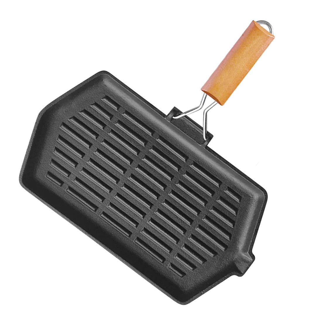SOGA Rectangular Cast Iron Griddle Grill Frying Pan with Folding Wooden Handle - Hospitality Connect