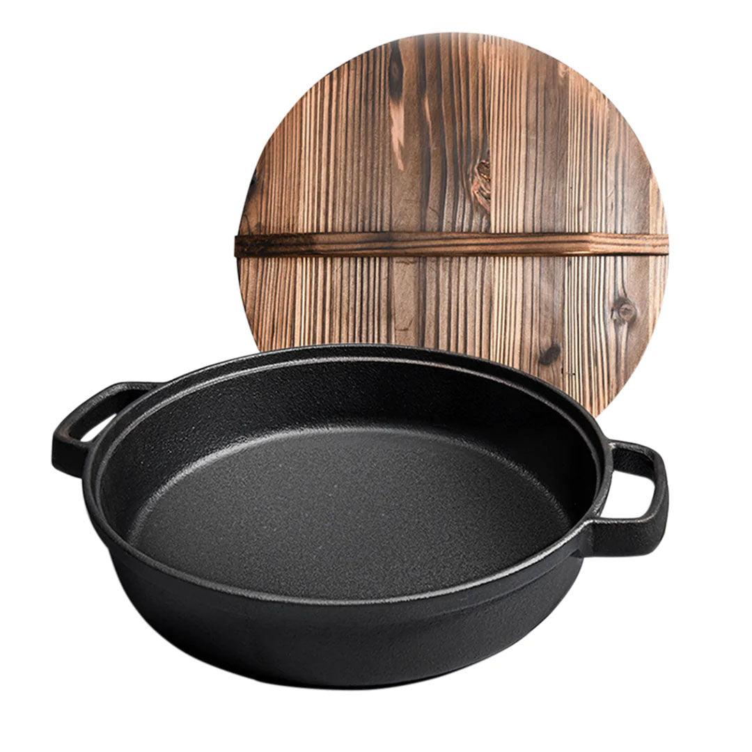 SOGA 35cm Round Cast Iron Pre-seasoned Deep Baking Pizza Frying Pan Skillet with Wooden Lid - Hospitality Connect