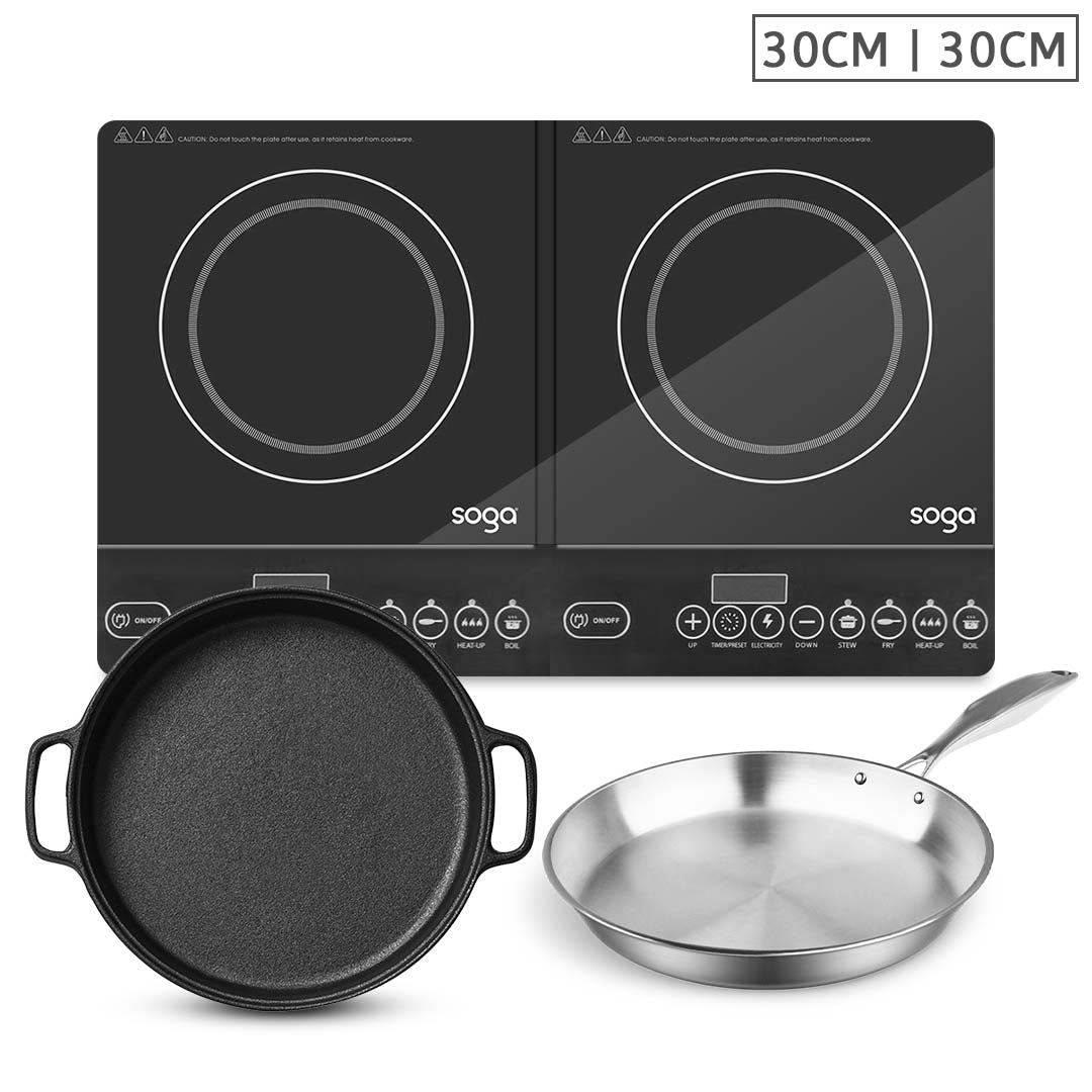 SOGA Dual Burners Cooktop Stove, 30cm Cast Iron Frying Pan Skillet and 30cm Induction Fry Pan - Hospitality Connect