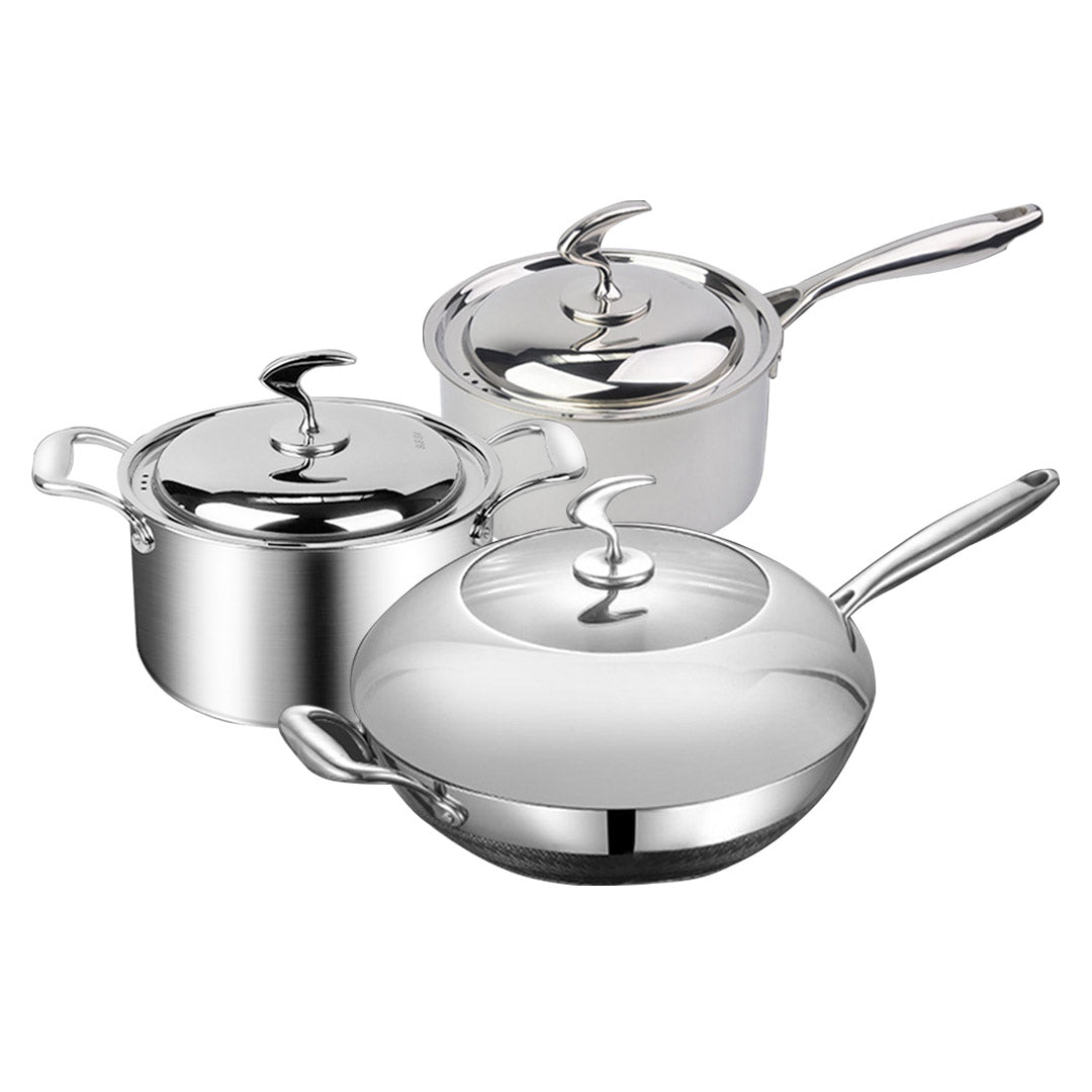 SOGA 6 Piece Cookware Set 18/10 Stainless Steel 3-Ply Frying Pan, Milk, and Soup Pot with Lid - Hospitality Connect