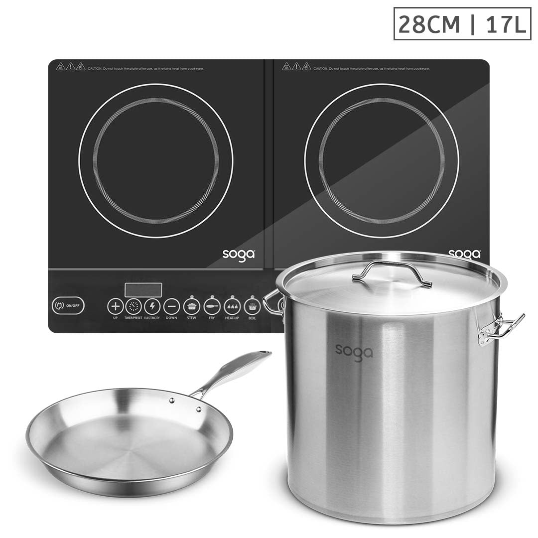 SOGA Dual Burners Cooktop Stove, 17L Stainless Steel Stockpot and 28cm Induction Fry Pan - Hospitality Connect