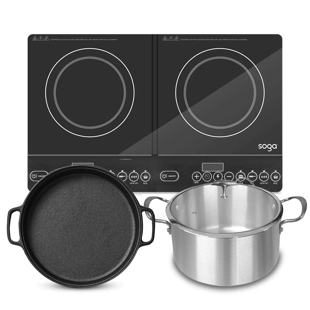 SOGA Dual Burners Cooktop Stove, 30cm Cast Iron Frying Pan Skillet and 28cm Induction Casserole - Hospitality Connect