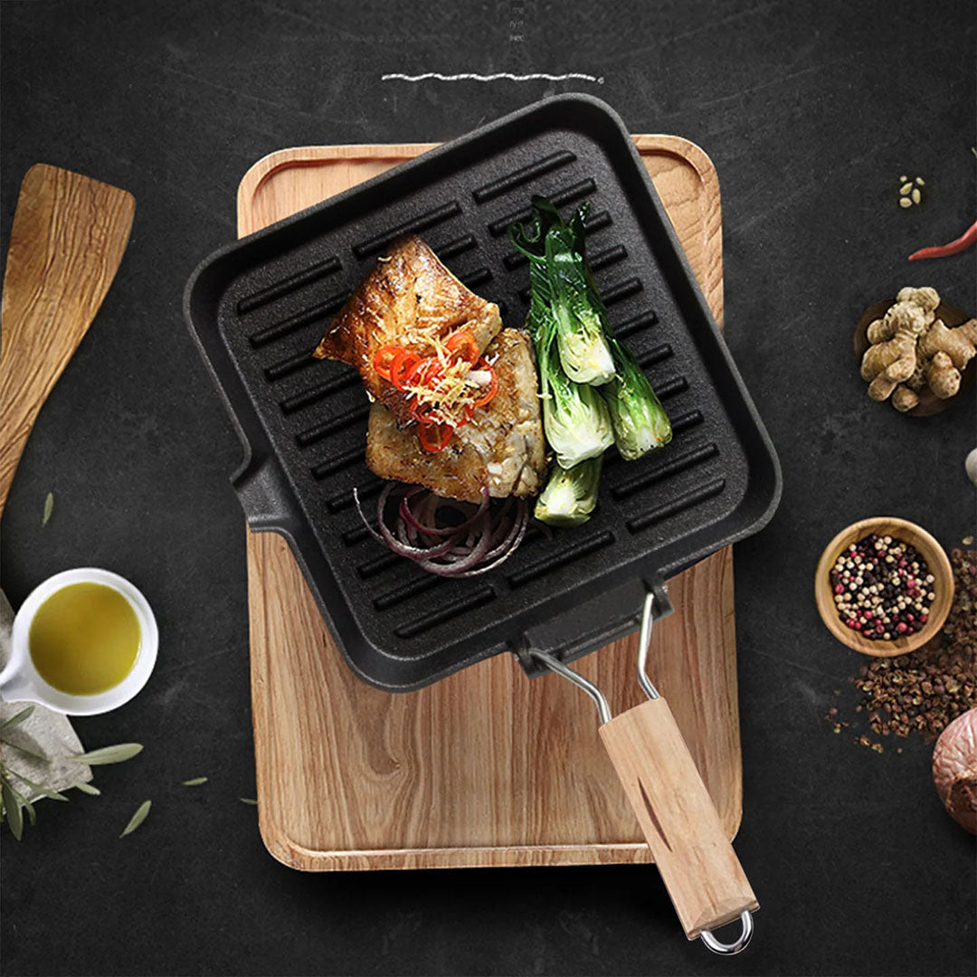 SOGA 24cm Ribbed Cast Iron Square Steak Frying Grill Skillet Pan with Folding Wooden Handle - Hospitality Connect