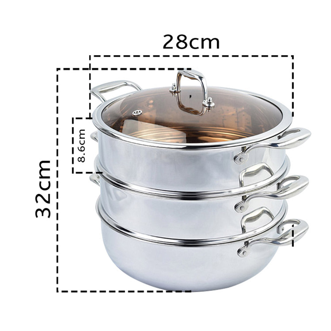 SOGA 2X 3 Tier 28cm Heavy Duty Stainless Steel Food Steamer Vegetable Pot Stackable Pan Insert with Glass Lid - Hospitality Connect