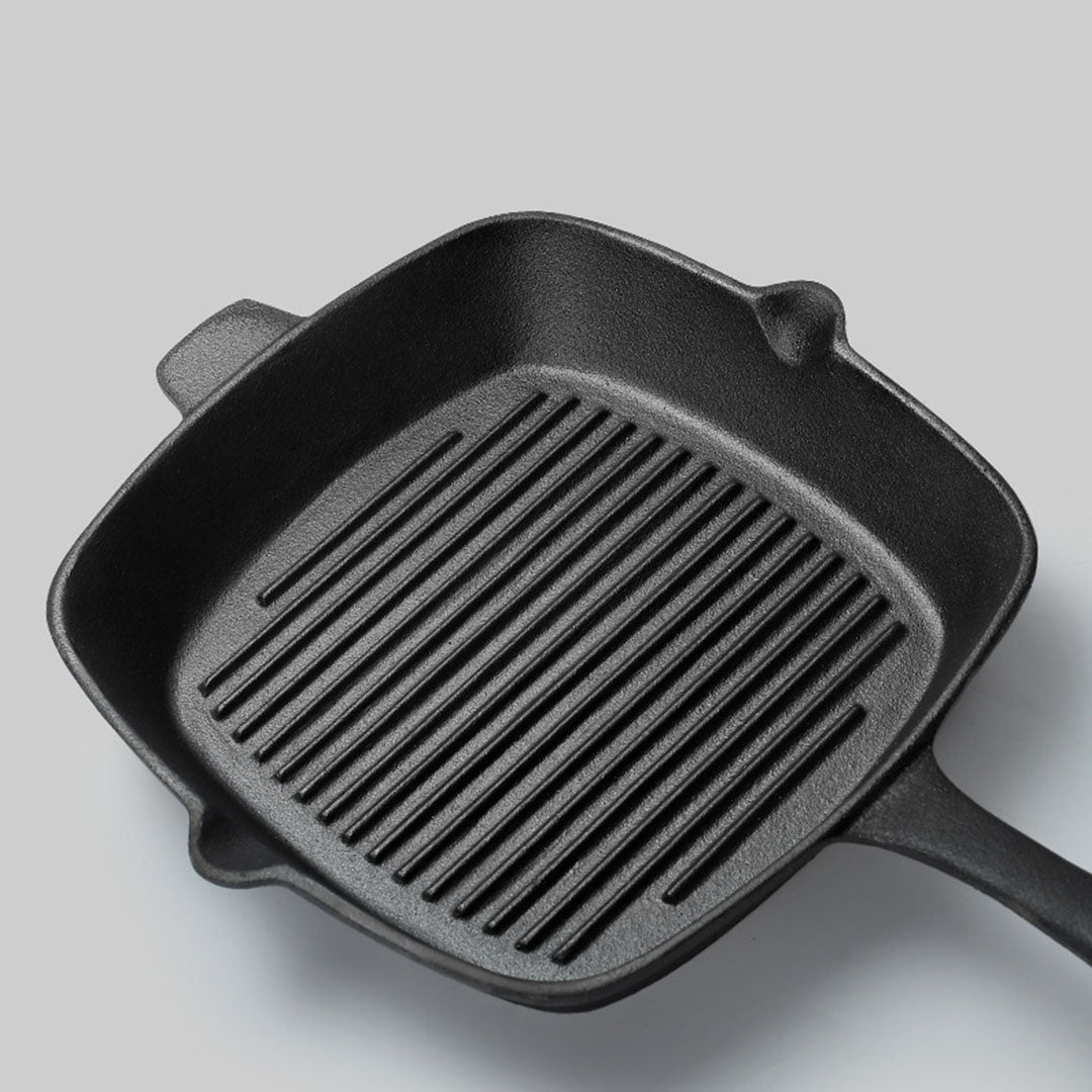 SOGA 26cm Square Ribbed Cast Iron Frying Pan Skillet Steak Sizzle Platter with Handle - Hospitality Connect