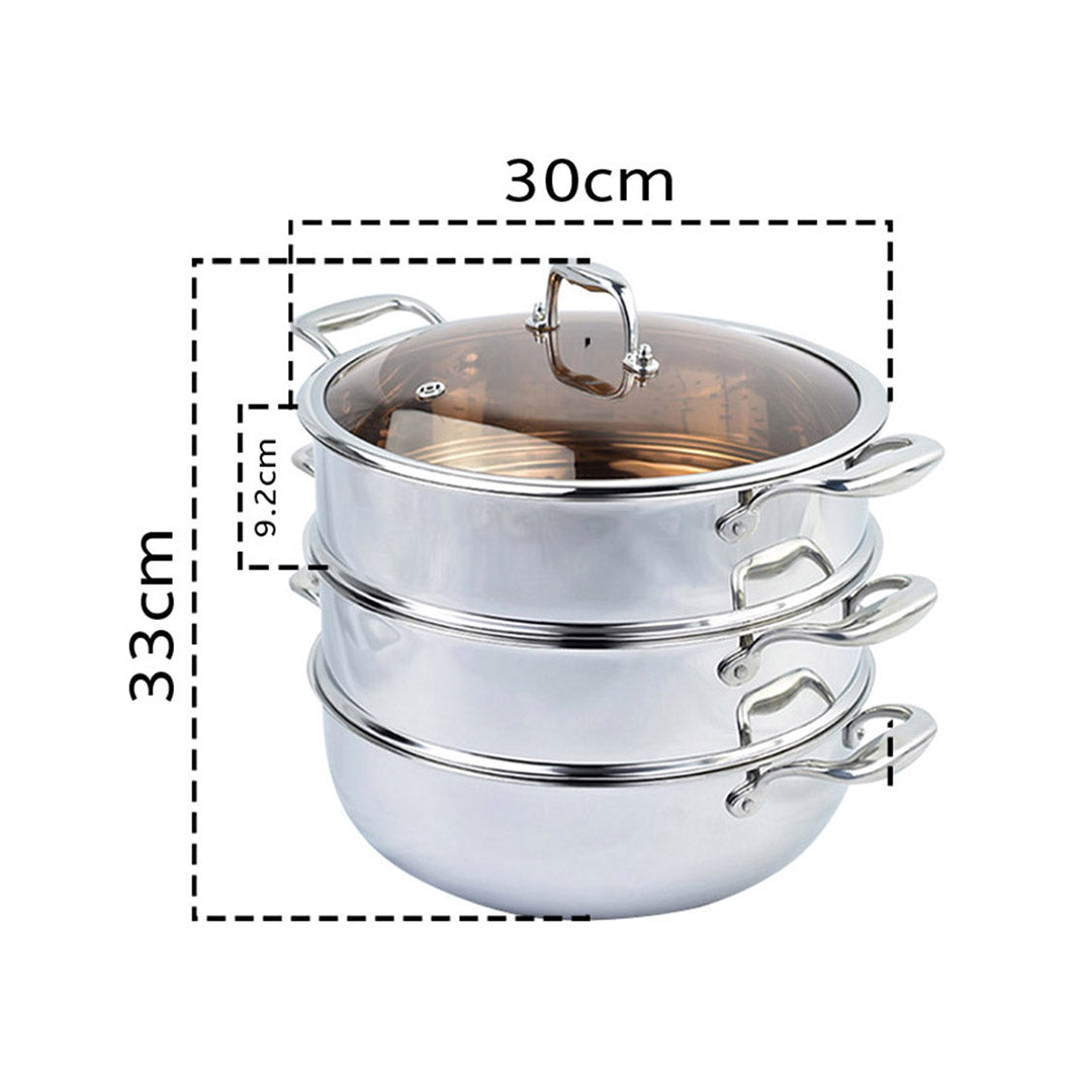 SOGA 2X 3 Tier 30cm Heavy Duty Stainless Steel Food Steamer Vegetable Pot Stackable Pan Insert with Glass Lid - Hospitality Connect