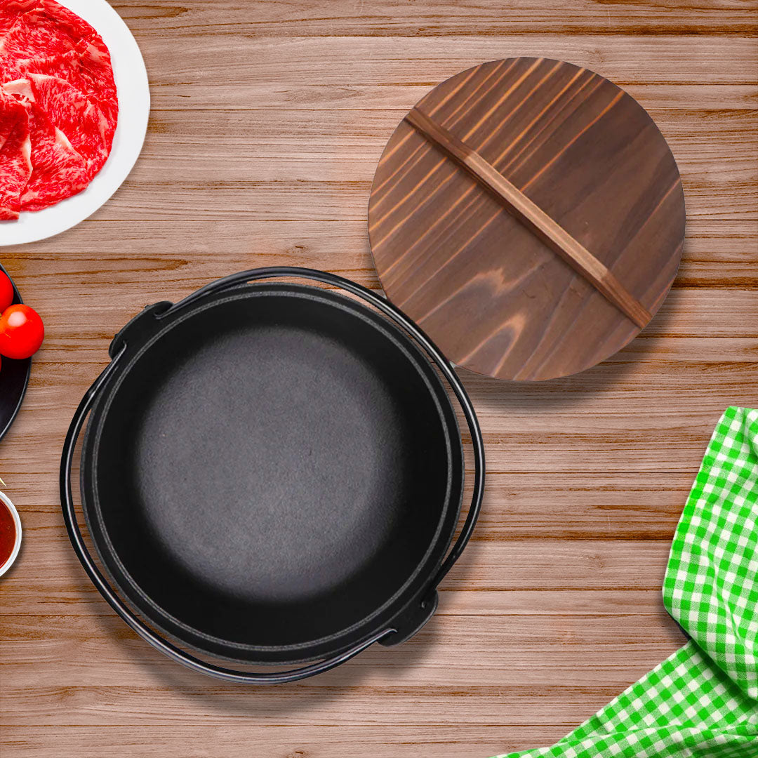 SOGA 25cm Cast Iron Japanese Style Sukiyaki Tetsu Nabe Shabu Hot Pot with Wooden Lid - Hospitality Connect