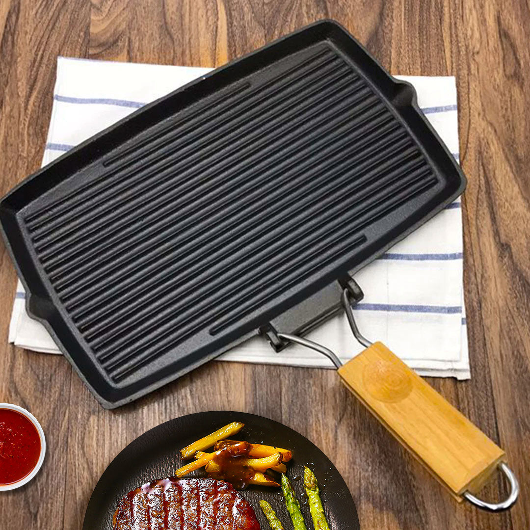 SOGA 20.5cm Rectangular Cast Iron Griddle Grill Frying Pan with Folding Wooden Handle - Hospitality Connect