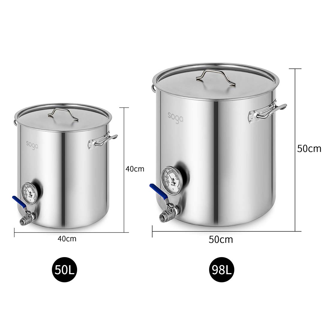 SOGA Stainless Steel Brewery Pot 50L 98L With Beer Valve 40CM 50CM - Hospitality Connect