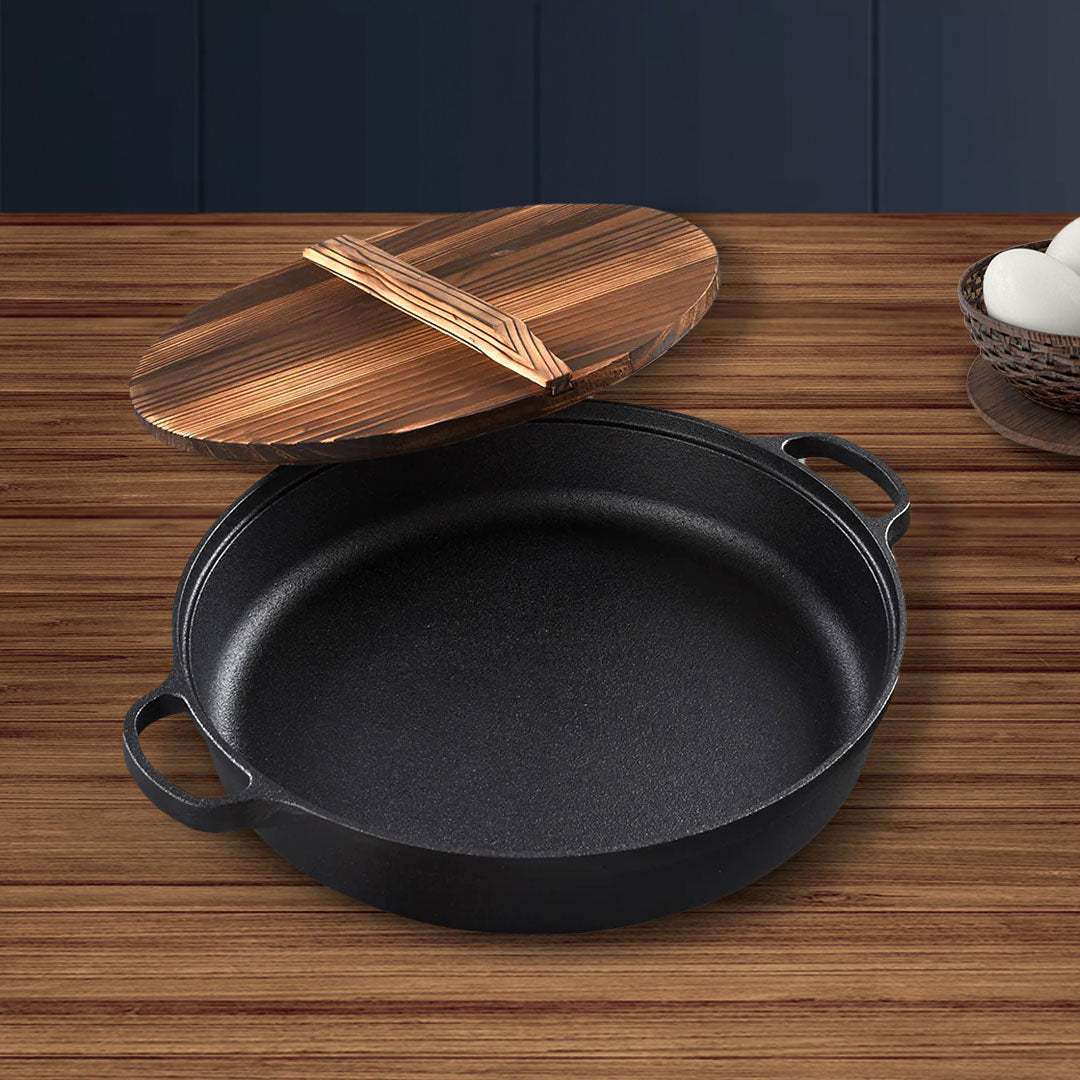 SOGA 29cm Round Cast Iron Pre-seasoned Deep Baking Pizza Frying Pan Skillet with Wooden Lid - Hospitality Connect