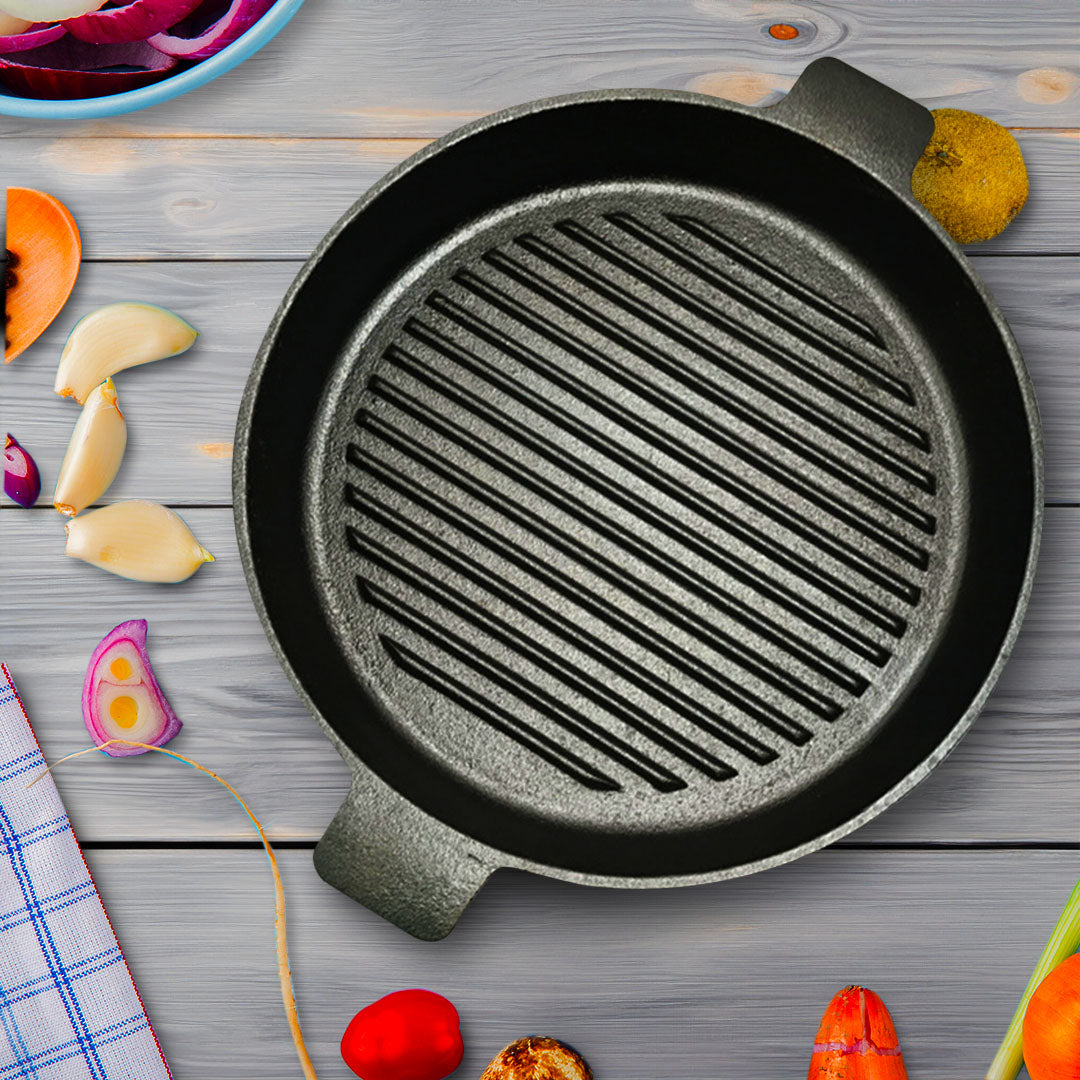 SOGA 26cm Round Ribbed Cast Iron Frying Pan Skillet Steak Sizzle Platter with Handle - Hospitality Connect