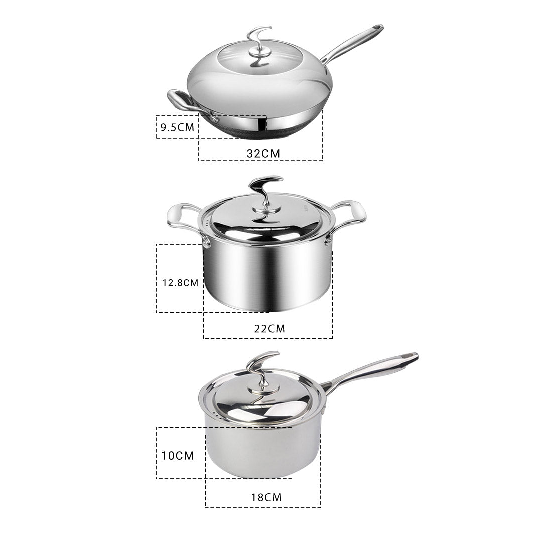 SOGA 6 Piece Cookware Set 18/10 Stainless Steel 3-Ply Frying Pan, Milk, and Soup Pot with Lid - Hospitality Connect