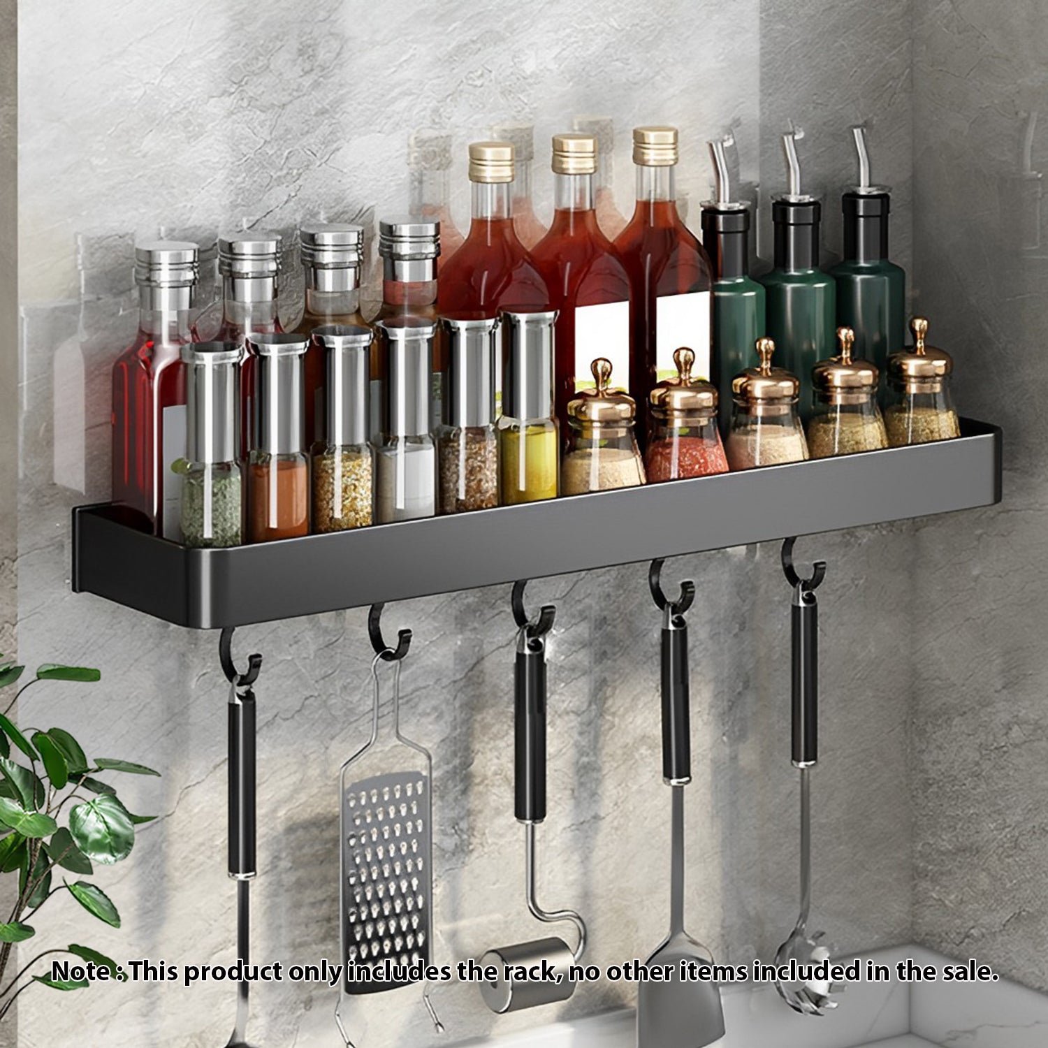 SOGA 42cm Black Wall-Mounted Rectangular Kitchen Spice Storage Organiser Space Saving Condiments Shelf Rack with Hooks - Hospitality Connect