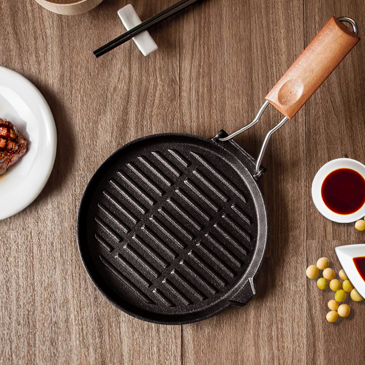 SOGA 24cm Round Ribbed Cast Iron Steak Frying Grill Skillet Pan with Folding Wooden Handle - Hospitality Connect
