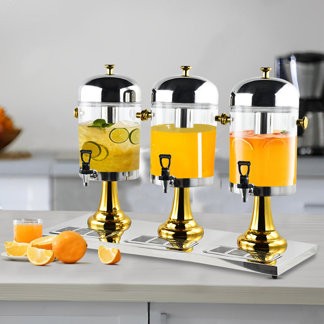 SOGA Triple Head 24L Stainless Steel Dispenser Beverage Juicer Transparent Commercial Drink Container Jug with Gold Accents - Hospitality Connect
