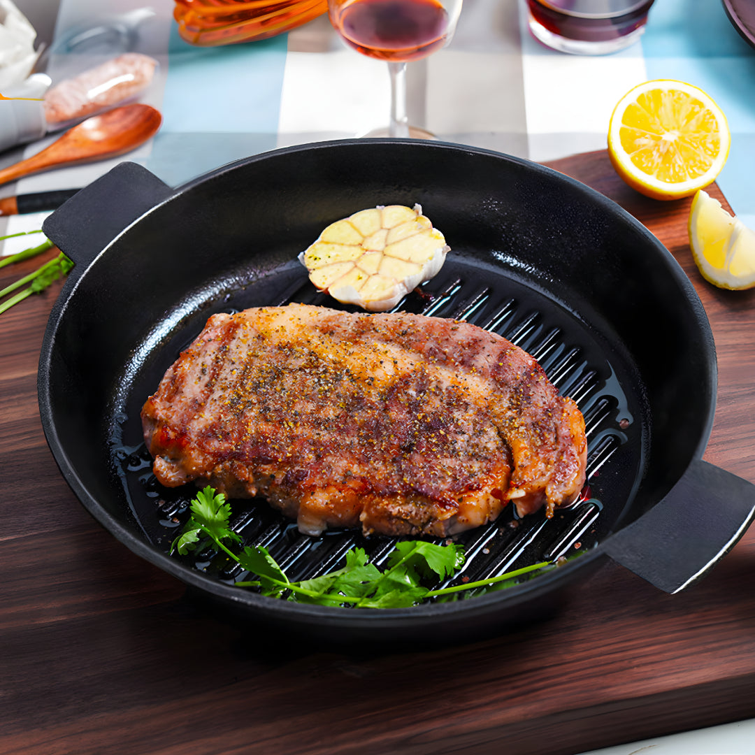 SOGA 25cm Round Ribbed Cast Iron Frying Pan Skillet Steak Sizzle Platter with Handle - Hospitality Connect
