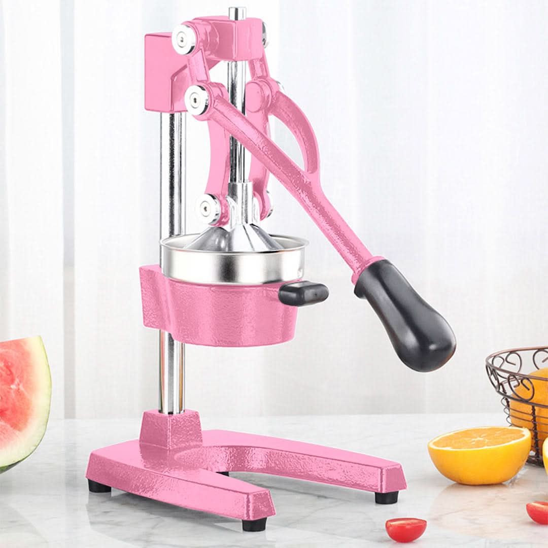 Soga commercial manual orange citrus juicer with pink hand press and squeezer for fresh juice extraction.