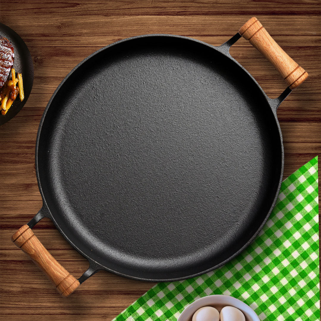 SOGA 35cm Cast Iron Frying Pan Skillet Steak Sizzle Fry Platter With Wooden Handle No Lid - Hospitality Connect