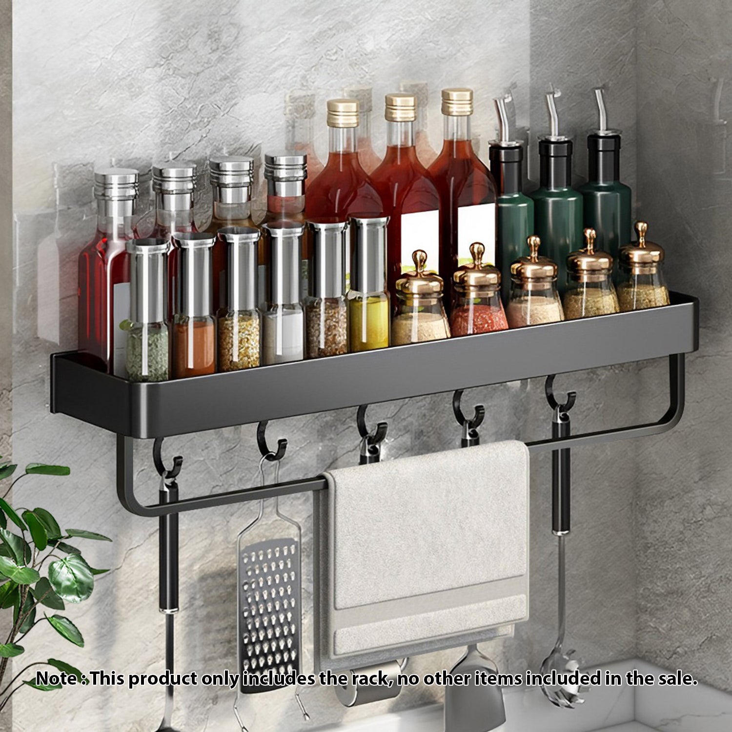 SOGA 52cm Black Wall-Mounted Rectangular Kitchen Spice Storage Organiser Space Saving Condiments Shelf Rack with Hooks - Hospitality Connect